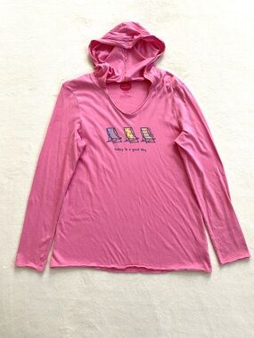 Life is Good Hooded Tee Pink Long Sleeve Beach Chairs Women M Graphic